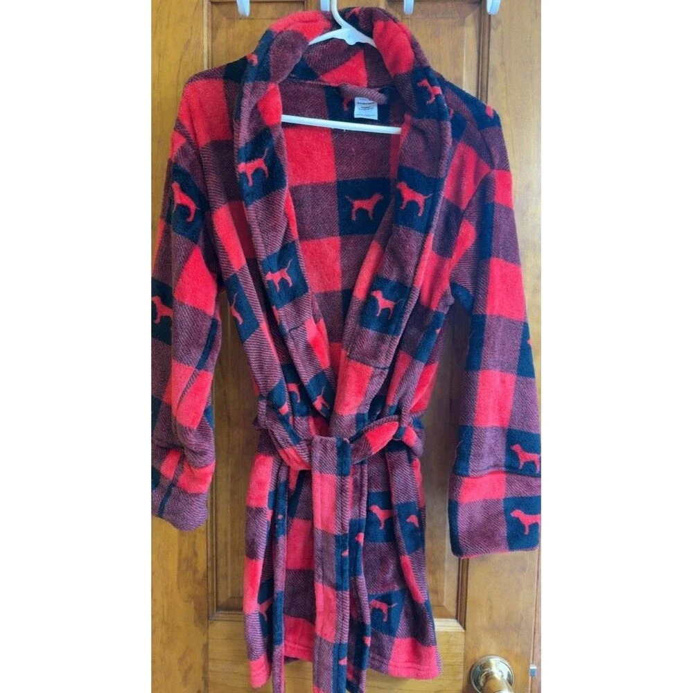 PINK Victoria Secret Robe Women XS Red‎ Plaid Dog Logo Sleepwear Soft Cozy